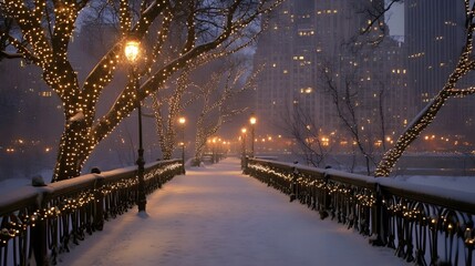 Snowy city pathway at night adorned with warm lights.