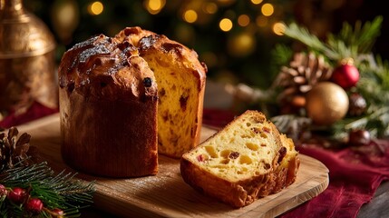 Delicious Sweet Italian Christmas Bread Panettone Cake Served with Festive Holiday Decorations and Soft Bokeh Lights