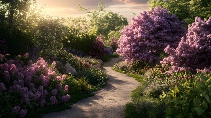 A sunlit garden path lined with flowering shrubs.