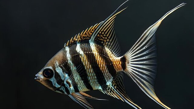 Detailed side profile view of an animal in an aquarium showcasing distinctive stripes and fins against a dark background.