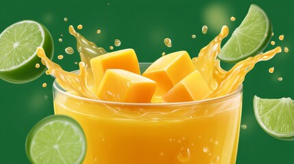 Fresh Mango Juice Splashing in Glass with Lime Slices Against a Vibrant Green Background