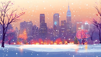 City park scene on a snowy evening.