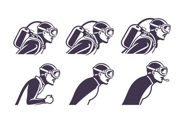 Set of Scuba Divers and Snorkelers Profile Icons. Vector Illustrations of People Wearing Diving Masks, Snorkels, and Breathing Equipment