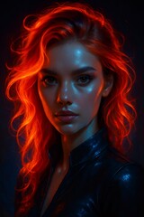 Fototapeta premium Studio portrait featuring young woman with glowing red hair, leather jacket highlighting edgy, sophisticated aesthetic