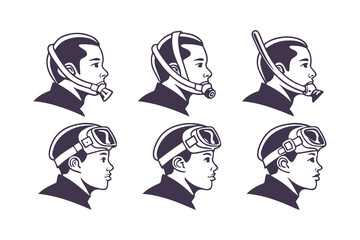 Set of Scuba Divers and Snorkelers Profile Icons. Vector Illustrations of People Wearing Diving Masks, Snorkels, and Breathing Equipment