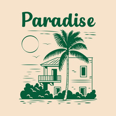 Hand Drawn Vector Retro Tropical Logo on Beige Background. Summer Vacation Art with Palm Tree, House, Sun and Birds.  Vector Flat Design Print for 
T-shirts, Social Media, Posters and Packages. 