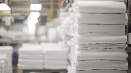 Stacks of clean, folded white linen sit on metal shelves in a laundry facility. Good for hospitality, textile industry, or fresh and organized concepts.