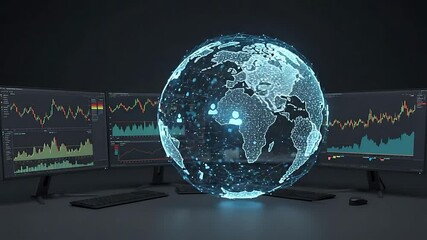 Futuristic digital globe surrounded by computer monitors displaying financial data and charts - Powered by Adobe