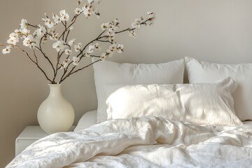 Cozy minimalist bedroom with white linen bedding and decorative vase, serene modern interior design concept