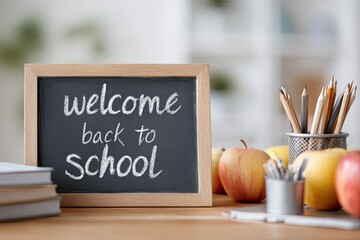 Chalkboard with welcoming message, apples, and school supplies c