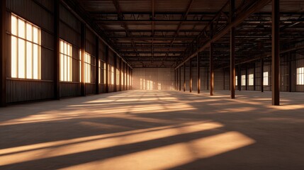 Vast empty warehouse interior with warm sunlight streaming through large windows, creating shadows