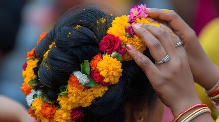 A floral crown adorns a woman's dark hair.