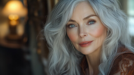 Beautiful American Woman with Silver Hair Portrait