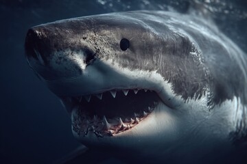 Obraz premium Angry dangerous Great White shark with big opened mouth and sharp teeth. Ai Generative