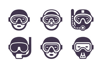 Set of Scuba Diving and Snorkeling People Icons. Vector Illustrations of Divers with Masks, Snorkels, and Breathing Gear for Water Activities