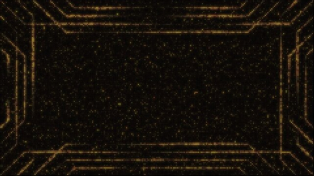 Golden led lights backdrop set, abstract crossed lines forming retangular frames, 8-second seamless loop video animations, flashing light bulbs, wall of lights motion graphics.