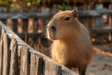 a capybara standing on a wooden fence