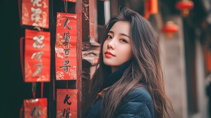 Attractive young woman with long dark hair leaning against a building.