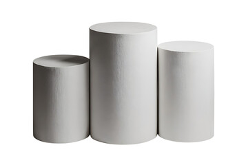 Three white cylindrical pedestals of varying heights on a white background