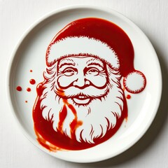 A creative depiction of Santa Claus's face formed from red sauce on a white plate, perfect for festive culinary blogs, holiday-themed advertisements, and Christmas season promotions.