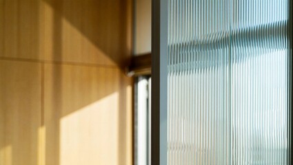 Reeded glass partition dominates the interior scene, rising floor-to-ceiling before a sunlit beige-gold wall, its vertical ribbed texture refracting natural light into gentle shadows, showcasing archi
