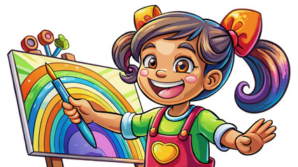 Naklejka premium A cheerful girl with a ponytail paints on a giant canvas, tiny fingers covered in rainbow-colored paint. Her apron and brushes feature subtle texture, while her eyes sparkle with artistic curiosity. 