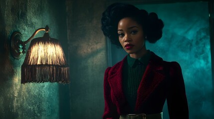 Woman in a maroon coat, posing in a dimly lit room.