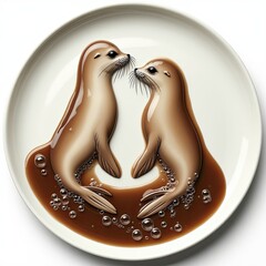 An artistic depiction of two charming sea lions formed from a brown sauce with bubbles on a white plate, ideal for unique food concepts, marine life themes, or creative culinary presentations.