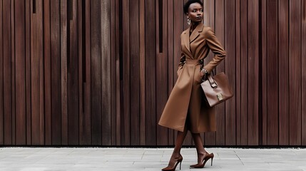 Elegant woman in a brown coat against a wooden backdrop.