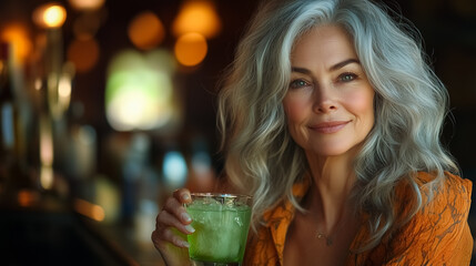 Beautiful American Woman with Silver Hair Holding Green Smoothie