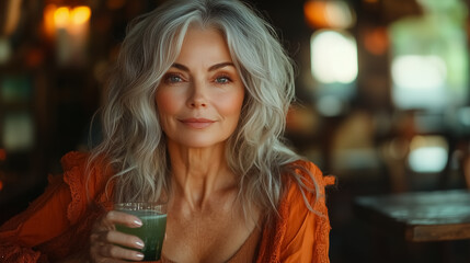 Beautiful American Woman with Silver Hair Holding Green Smoothie