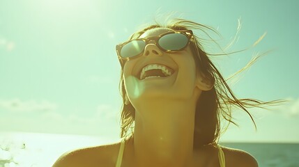 A joyful woman laughs with sunglasses on, expressing happiness.