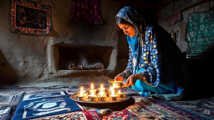 Woman lighting candles in a traditional home.
