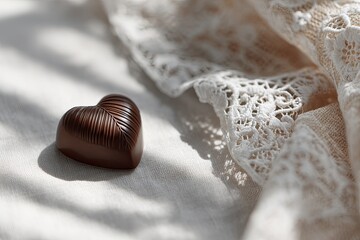 Heart-shaped chocolate rests on soft fabric with delicate lace a