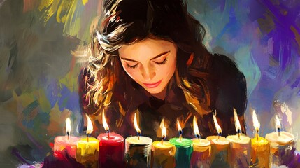 A young woman looks intently at colorful candles.