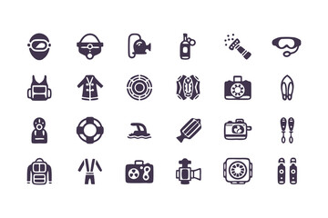 Set of Scuba Diving and Snorkeling Icons. Vector Collection of Diving Equipment, Safety Gear, Underwater Cameras, and Water Sport Symbols
