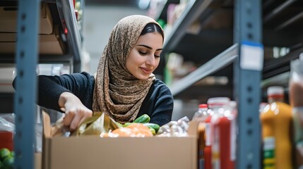 Woman carefully placing produce into a cardboard box in a warehouse.