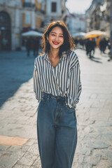 Fototapeta premium 줄무늬 셔츠의 아시아 여성