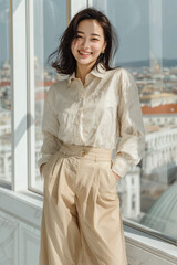 셔츠 패션의 한국 여성