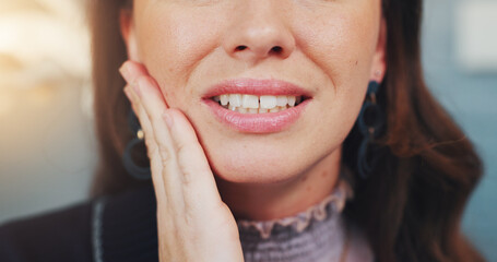 Cavity, teeth and woman with pain, hand and gum disease from bacteria with appointment in clinic....