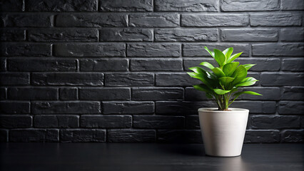 Black Brick Wall With a Single Green Potted Plant in a Room