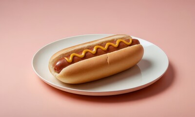 Delicious hot dog with mustard on a white plate against a pink background