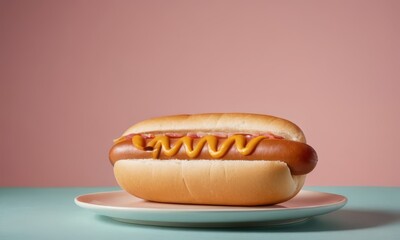 Delicious hot dog with mustard on a plate, against a colored background