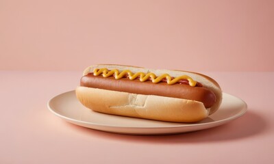 Delicious hot dog with mustard served on a plate, perfect for a quick meal or snack