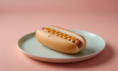 Delicious hot dog with mustard on a plate against pastel pink background studio shot