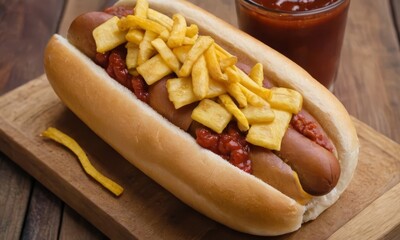 Delicious hot dog with french fries and ketchup on a wooden board