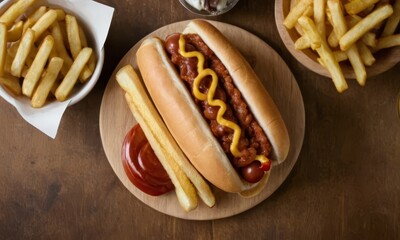 Delicious hotdog with mustard, french fries and ketchup served on wood plate