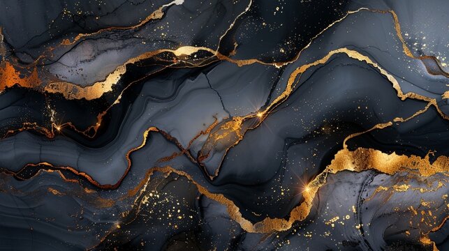 Luxury abstract fluid art painting in alcohol ink technique, mixture of black and gold paints. Imitation of marble stone cut, glowing golden veins. Tender and dreamy design