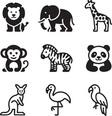 Animal icon set featuring black and white vector illustrations of lion elephant giraffe monkey zebra panda kangaroo flamingo parrot