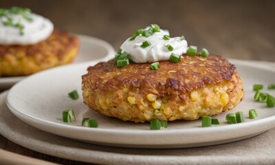 Delicious Corn Fritters with Cream and Chives on a Rustic Plate Presentation